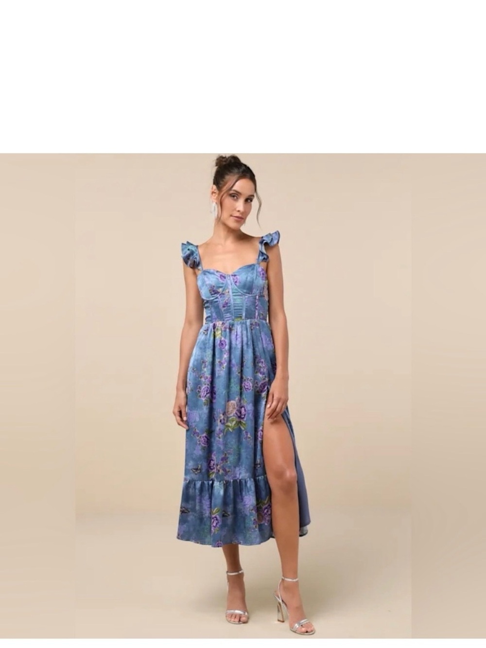 Blue Floral Midi Dress with Ruffled Straps